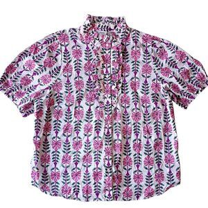 NEW NWT J. CREW Block Print Top Blouse White Floral Ruffle Placket XXL